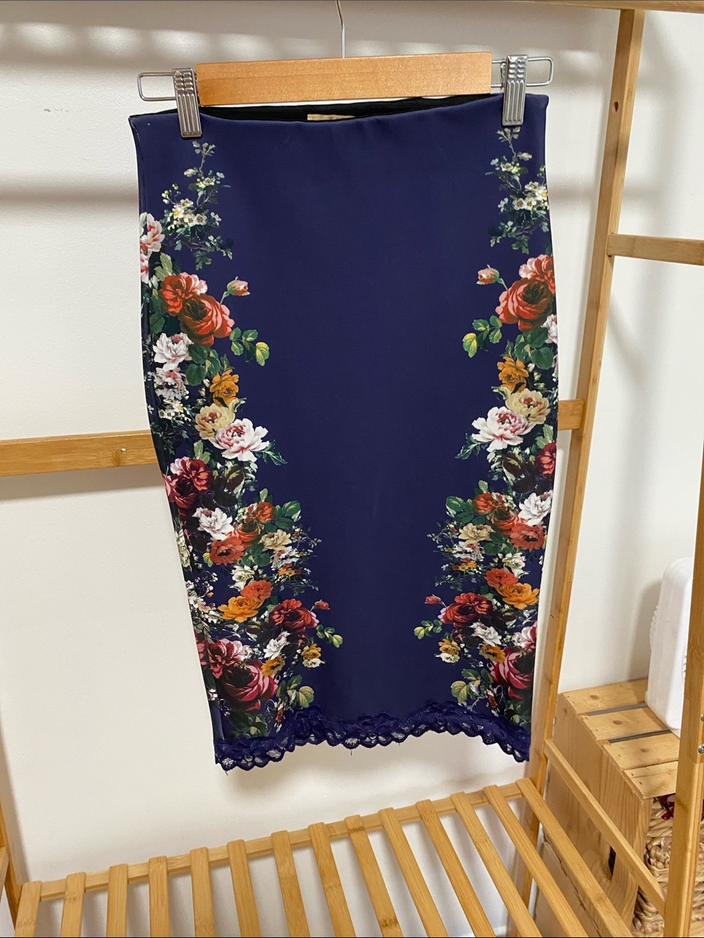 Zara Navy Floral Pencil Skirt with Lace Trim